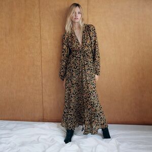 Zara Sheer Floral Maxi Dress Black Gold Baroque Twist Front Long Sleeve Size S